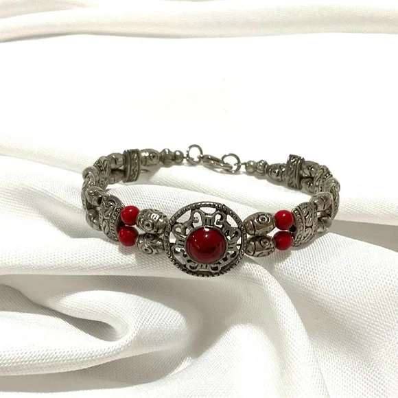 Tibertan Silver-Tone Red Beads & Cabochon Bracelet - Picture 1 of 5